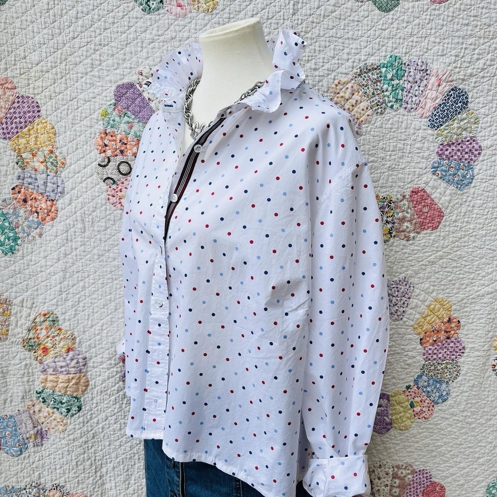 Upcycled Reworked Talbots White w/ Red & Blue Polka Dot Ruffle Collar Shirt 3XL - Picture 3 of 9